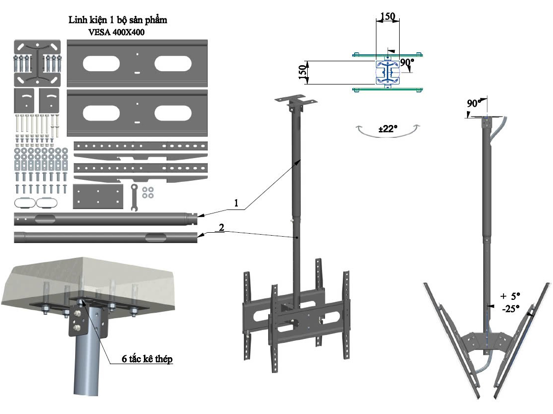 Khung treo thả trần TT02 (32 - 65 inch, mâm đôi treo 2 tivi, dài 768 - 1.118mm)