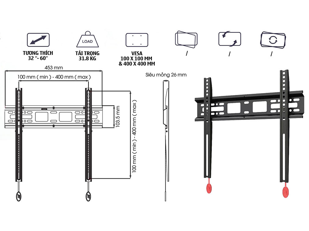 Khung treo tivi ERGOTEK E92 treo sát tường, siêu mỏng (32 inch - 60 inch)