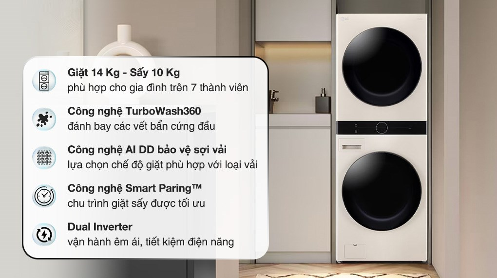 Những Lợi Ích Bạn Nhận Được Khi Lựa Chọn Tháp Giặt Sấy LG WT1410NHE