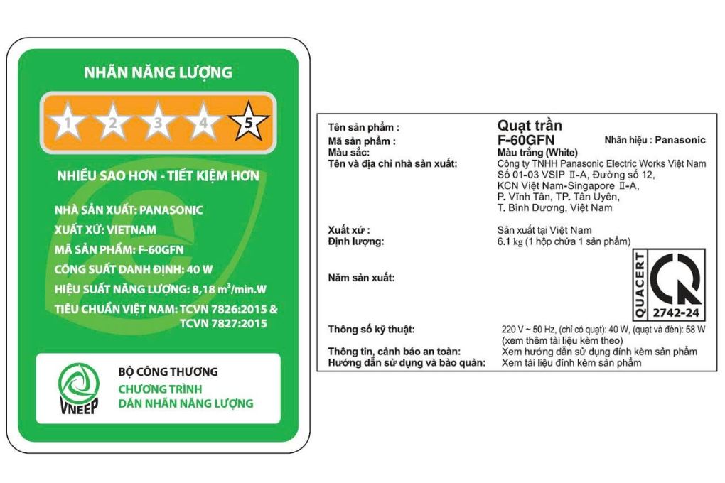 Quạt trần 5 cánh Panasonic F-60GFN (động cơ DC, màu trắng, đèn LED, remote)
